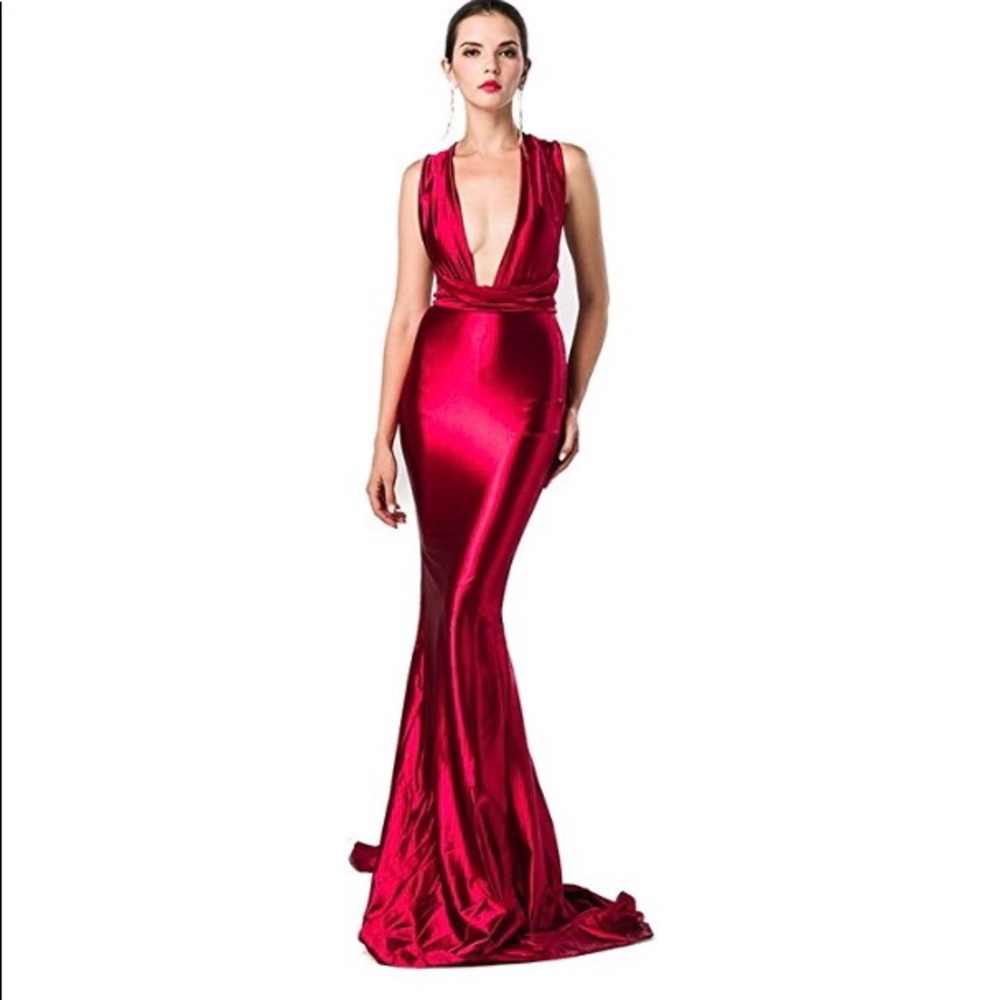 Sexy red satin plunge gown